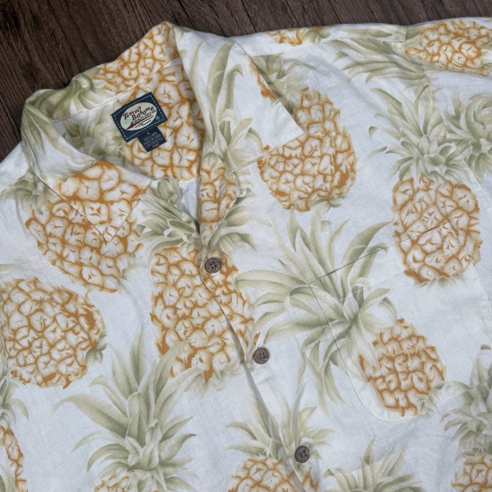Tommy Bahama Linen Camp Shirt Mens M Cream Pineapple Loop Vacation Resort Hawaii